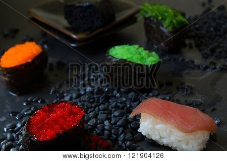 Japanese style food : Sushi on black background