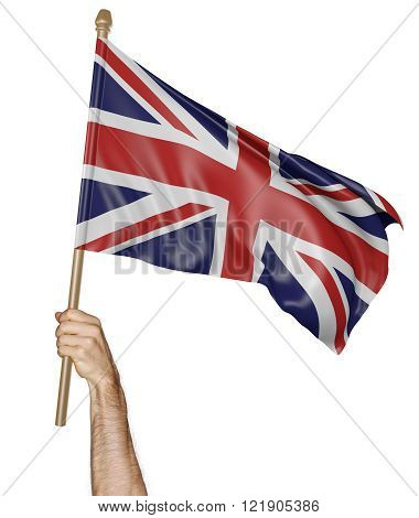 Hand proudly waving the national flag of United Kingdom