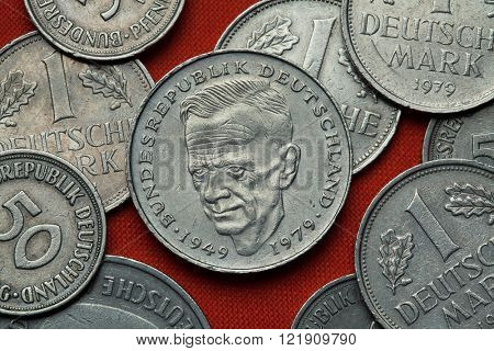 Coins of Germany. German social democratic politician Kurt Schumacher depicted in the German two Deutsche Mark coin (1979).
