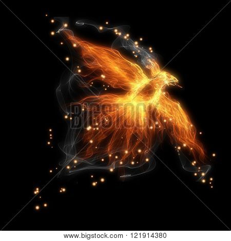 burning fiery bird flies on a black background