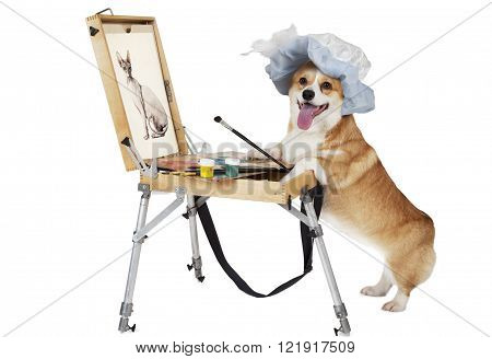 Welsh corgi Pembroke dog artist draws a cat isolated on white background