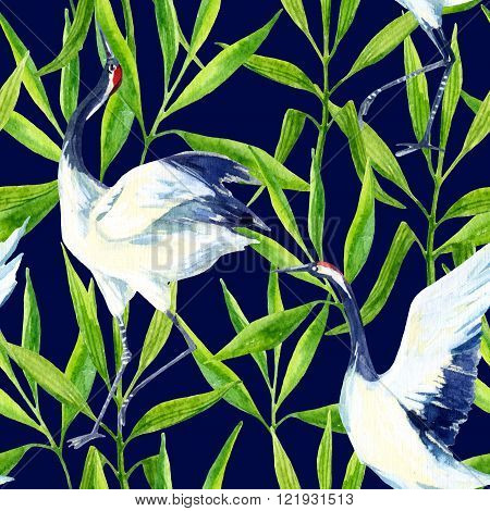 Watercolor asian crane bird seamless pattern. Hand painted bamboo illustration on vivid blue background