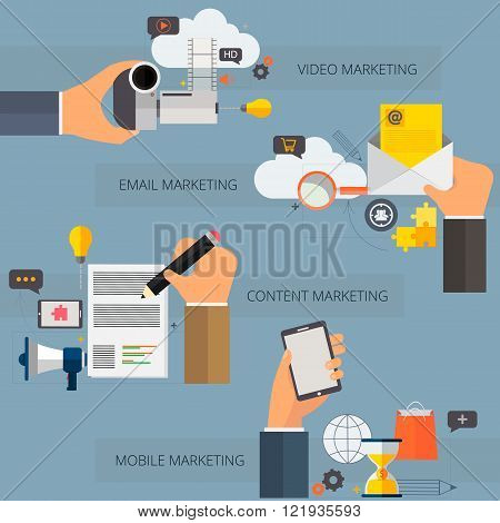 Set of flat design concept icons for web and mobile phone services. Icons for mobile marketing, email marketing, video marketing and content marketing.