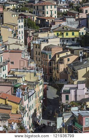 Riomaggiore, Italy - 05 March, 2016 :people Walking On The Street Of Riomaggiore Village In Italy. R