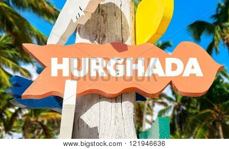 Hurghada signpost with palm trees