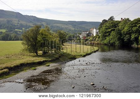 The River Dee and the village of Carrog, Denbighshire, Wales, UK.