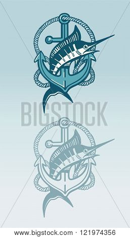 Swordfish and achor sign with rope in blue color