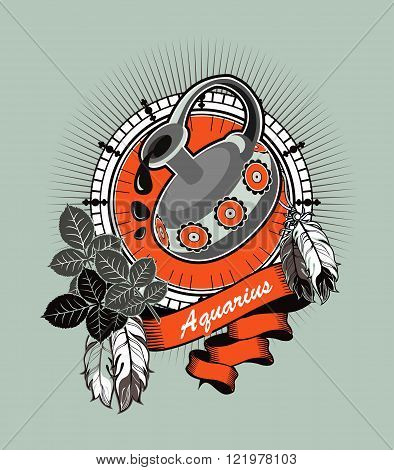 vector illustration of the zodiac Aquarius horoscope in a vintage frame