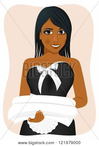 female african american housekeeping worker with towels and bedclothes