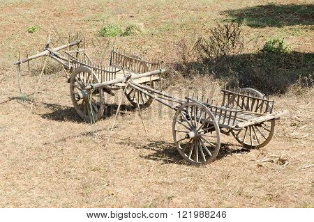 Two wooden carts for bulls. Myanmar ( Burma )
