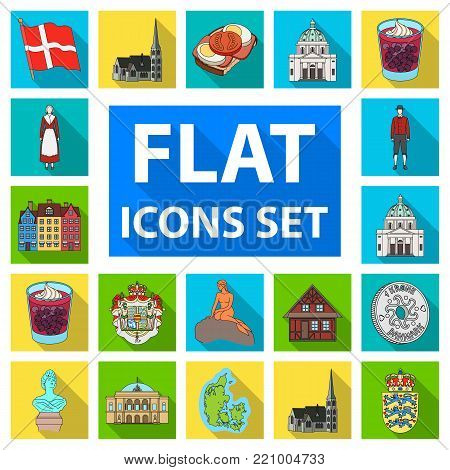 Country Denmark flat icons in set collection for design. Travel and attractions Denmark vector symbol stock illustration.