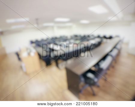 Blurred Image Of Empty  Meeting Room, Conference Room, Board Room With Rustic Wooden Flooring, Meeti