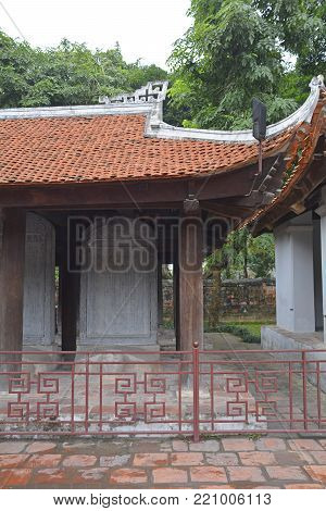Hanoi, Vietnam - December 14th 2017. The Doctors' Stelae within the Temple of Literature in Hanoi which list the names and birth places of all graduates of royal exams between 1442 and 1779.