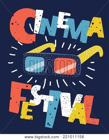 Vector cartoon illustration of Cinema poster. Movie time with 3D glasses and lettering elements. Modern graphic concept in colorful style.