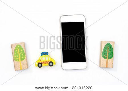 Empty mobile phone with block toy for share economy environmental friendly concept