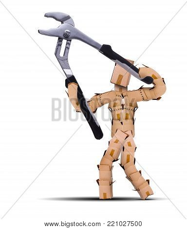 Box character digital character workman with hard hat sat resting against a toolbox. bearded worker and tools isolated concept artwork on a white background with copy space. Thinking outside the box