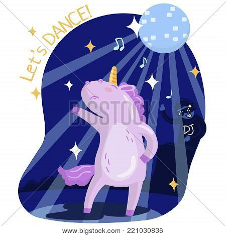Cute funny unicorn dancing, music party. Lets dance vector illustration, colorful design element for poster or banner.