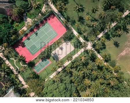 drone view of a tennis court with palms trees around