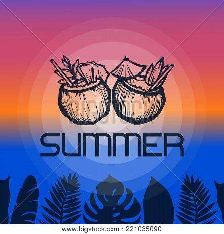 Tropical cocktails for two. Exotic drinks in coconut with pineapple. Hand drawn. Vector illustration.