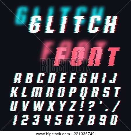 Vector set of letters in the style of errors, hindrances, glitch. Isolated letters and numbers.