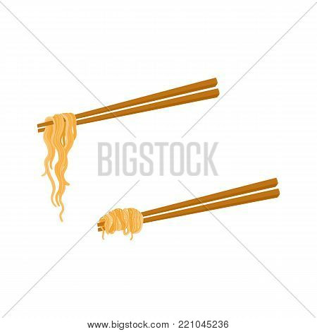 vector flat bamboo sticks with asian noodles wok udon set. Doodle noodle icon for restaurant menu design. Isolated illustration on a white background.