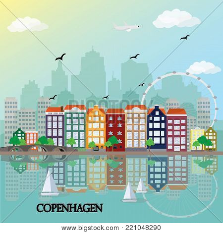 Copenhagen city skyline. Flat style vector illustration.