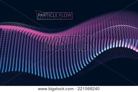 Wave of flowing particles over black. Blurred lights vector abstract background. Beautiful wave shaped array of glowing dots.