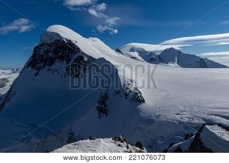 Winter Landscape of swiss Alps and mount Breithorn, Canton of Valais, Switzerland