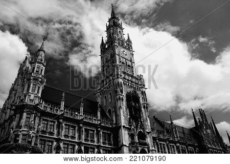 The Neue Rathaus (New City Hall) - magnificent neo-gothic building in Munich in b/w format.