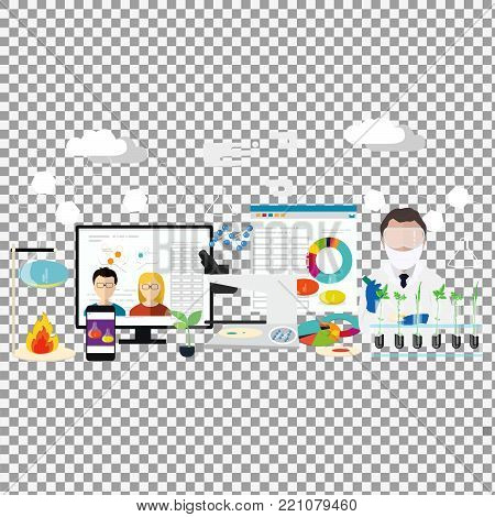 Bioscience concept set on transparent background. Microbiologist studying new virus or its antidote cultivating a petri dish whit inoculation loops, beside a microscope and tools of laboratory.