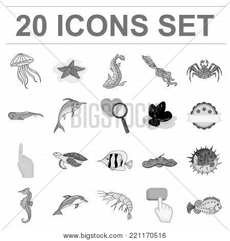 A variety of marine animals monochrome icons in set collection for design. Fish and shellfish vector symbol stock  illustration.