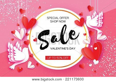 Happy Valentine day. Romantic Holidays. Sale.14 February. Circle frame. Love Red White Hearts and Birds in paper cut style. A couple of doves in loving on pink. Vector