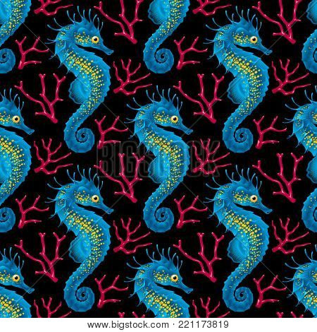 Vector Seamless Pattern whith Seahorse. Blue Thorny Hippocampus and Pink Coral Isolated on Black Background. Use for Sea Wallpaper, Gift Wrap or Wrapping Paper