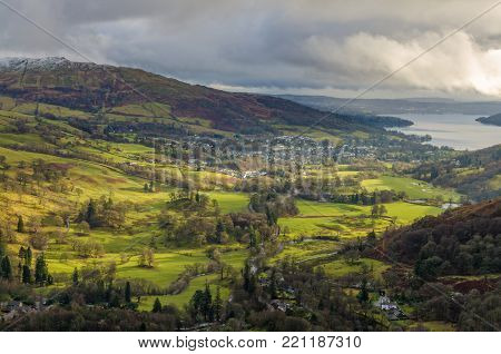 An aerial view of Ambleside from Nab Scar in the English Lake District