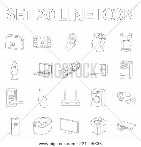 Smart home appliances outline icons in set collection for design. Modern household appliances vector symbol stock illustration.