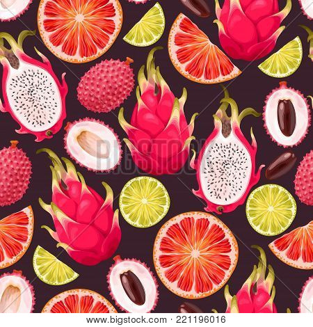 Seamless vector pattern with tropical fruit on dark background