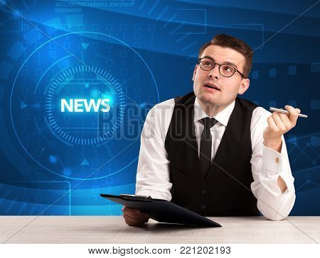 Modern televison presenter telling the news with tehnology background concept
