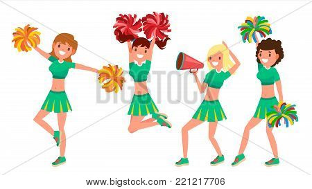High-School Profession Cheerleading Teams Vector. In Action. Fans Girls Dancing With Pompoms. Jumping And Dancing Together. Cartoon Character Illustration