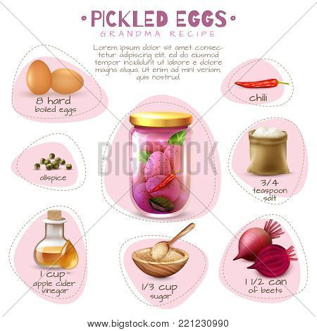 Canned food poster with pickled eggs grandma recipe with ingredients on white background vector illustration