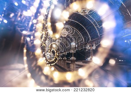 Nikolskaya Street Moscow, Russia. Glowing Garland. Christmas And New Year Holidays.