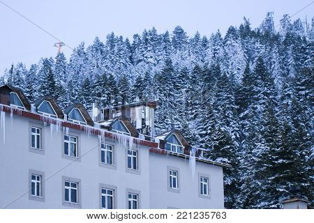 View of hotel in mountains in ski resort. Uludag the ancient Mysian Olympus and Bithynian Olympus, is a mountain in Bursa Province, Turkey.