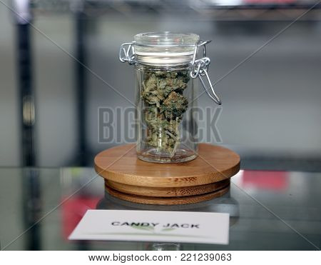 Los Angeles, California / USA January 1, 2018. California allows the sale and use of recreational marijuana by adults over 21 years old. Marijuana buds and hash for sale in a dispensary in Los Angeles