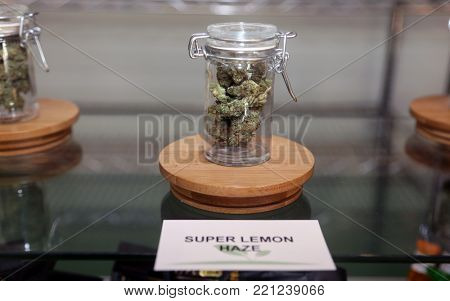 Los Angeles, California / USA January 1, 2018. California allows the sale and use of recreational marijuana by adults over 21 years old. Marijuana buds and hash for sale in a dispensary in Los Angeles