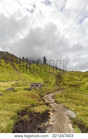 A Hiking Trail Up To The Old Man Of Storr On Isle Of Skye In Scotland.