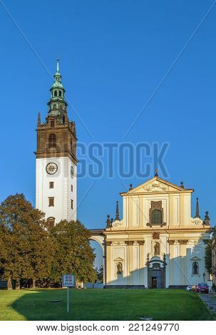 St. Stephen Cathedral and tower bell in Litomerice, Czech republic