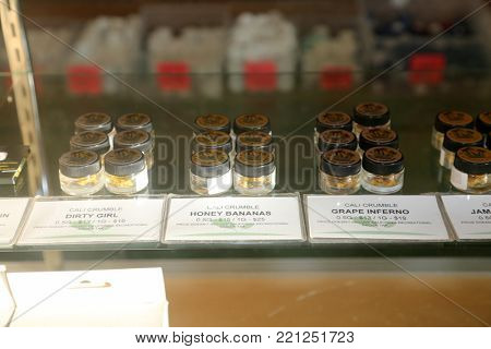 Los Angeles, California / USA January 1, 2018. California allows the sale and use of recreational marijuana by adults over 21 years old. Marijuana buds and hash for sale in a dispensary in Los Angeles