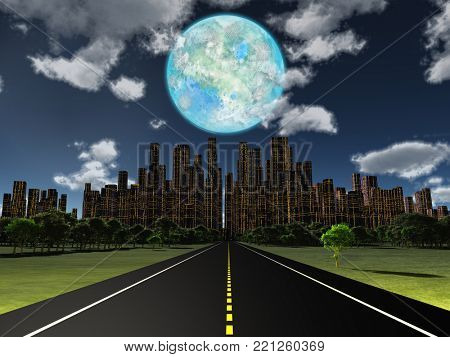 Night roadway to future city. Terraformed moon in the sky. 3D rendering
