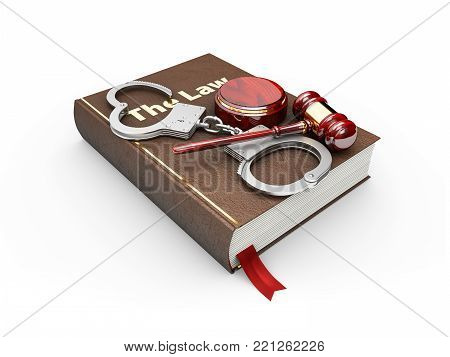 3d illustration of Judges wooden hammer, law book and handcuffs.
