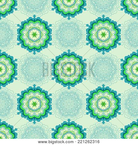 The pattern is seamless, abstract, from mandalas in green tones. For wallpaper, paper, oilcloth, tiles. vector EPS10