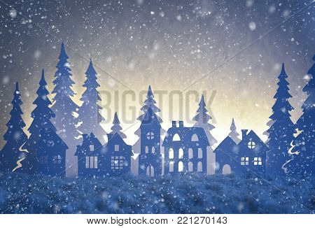 Paper Winter Landscape With Village And Christmas Trees In Snow Night.